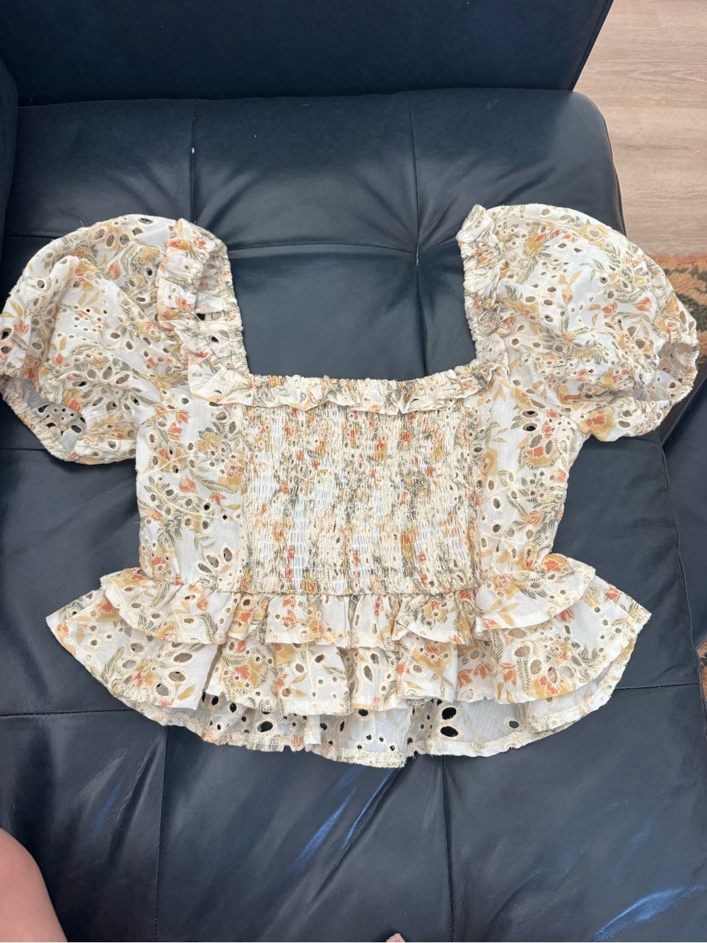 En Saison Cream Floral Smocked Top with Peach Accents